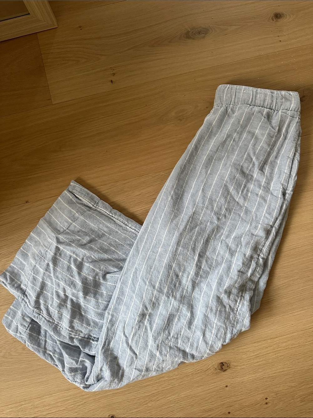 Light Blue Pinstriped Women’s Blend Linen-Blend Pants